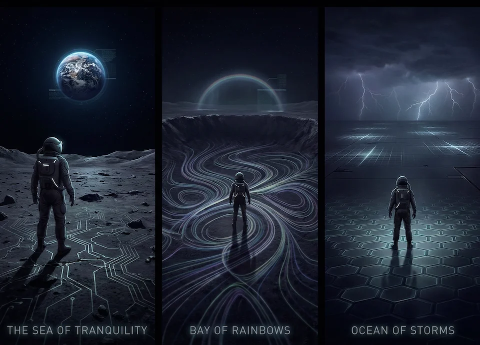 The Moon and the Maths - showing The Sea of Tranquility, Bay of Rainbows, and Ocean of Storms