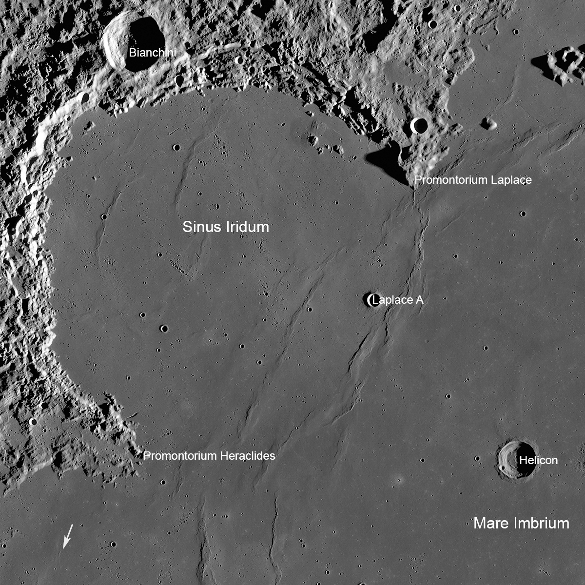 Sinus Iridum - The Bay of Rainbows, showing the curved Montes Jura mountain range